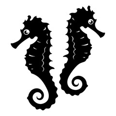 Two Black Silhouette Seahorses Mirrored Design Ocean Marine Life Aquatic Animal