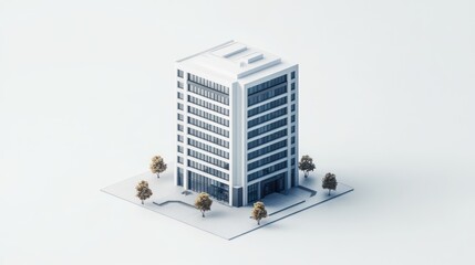 Isometric office tower, clean white space, minimal detail