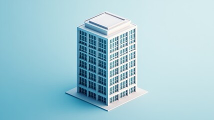 Isometric office tower, clean white space, minimal detail