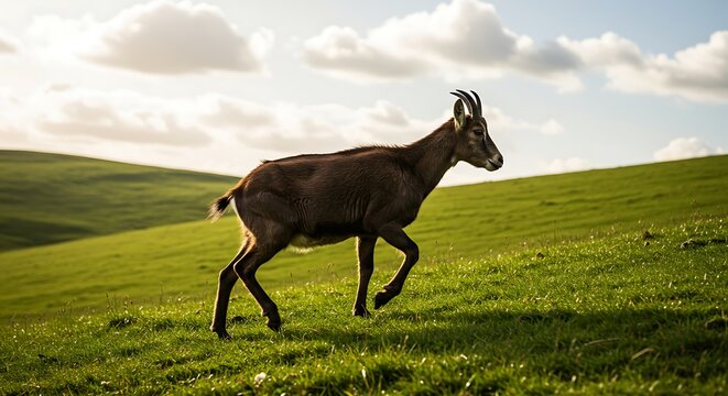 Brown Mountain Goat Running on Green Hillside Under Sunny Sky