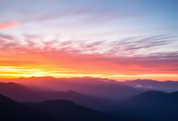 Obraz premium Misty mountain range at sunrise, vibrant hues, picturesque, sky