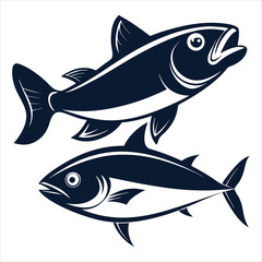 Illustration of two fish, one jumping and one swimming, in blue and white