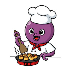 Cute Purple Octopus Chef Cooking Takoyaki