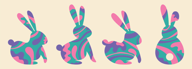 Colourful Easter bunny icon set. Abstract rabbit silhouettes. Vector illustration