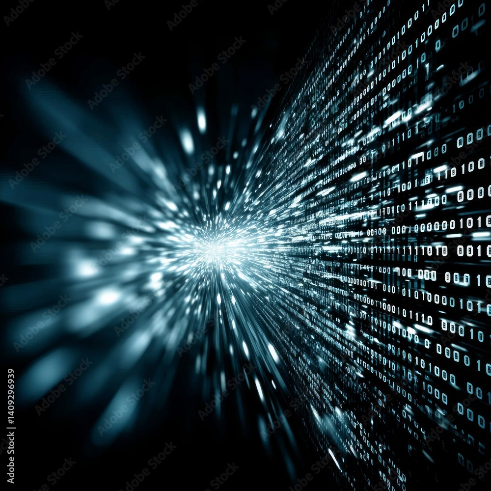 Poster Binary Code Explosion: Digital Data Stream and Matrix Transformation in Cyber Space