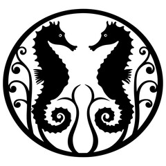 Elegant Black and White Seahorse Pair in Circular Design with Ornate Seaweed