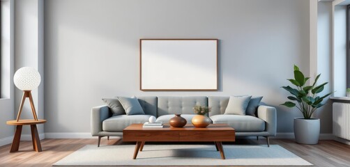 Modern living room with stylish decor, mock-up poster, wooden coffee table, ball lamp, cozy, aesthetic