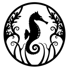 Elegant Black and White Seahorse in Circular Frame with Ornate Seaweed Design