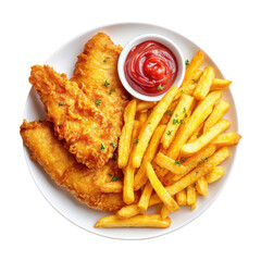 Overhead shot of fish and chips with ketchup on a white plate. Classic fast food meal.