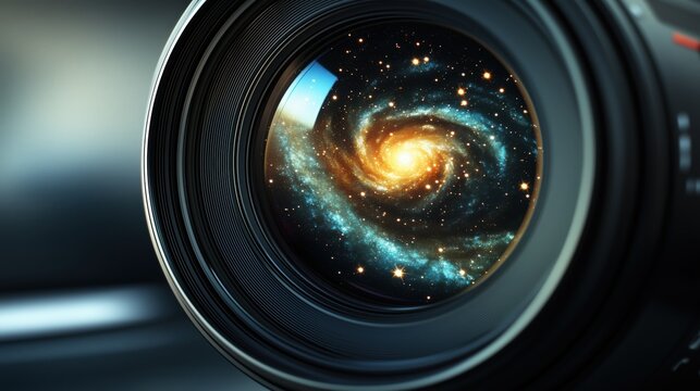 Galaxy through camera lens captures cosmic beauty, showcasing intricate spirals, star clusters, and vibrant colors against a dark background