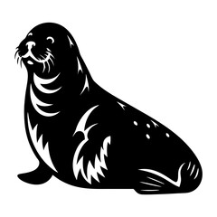 A stylized black and white illustration of a harbor seal resting peacefully