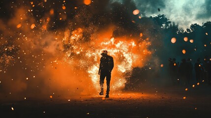 Silhouette Figure Walking Towards Fiery Explosion Amidst Sparks and Smoke at Night