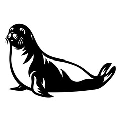Black and White Illustration of a Seal Lying Down Looking Upward