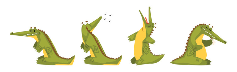 Funny Green Crocodile or Gator Animal in Different Activity Vector Set