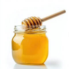Honey jar with honey dipper showcasing bright golden liquid ideal for culinary uses in various recipes or health benefits