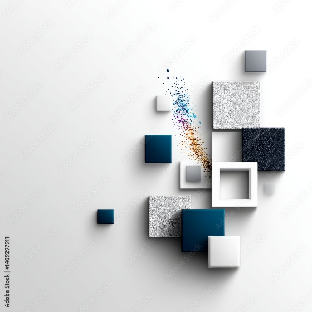 Leinwandbilder dynamic squares on white with vibrant particle burst - a modern abstract composition