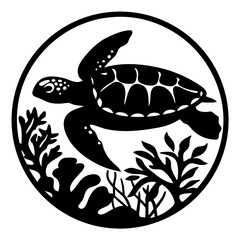 Elegant Black and White Sea Turtle Silhouette in Circular Frame with Aquatic Plants
