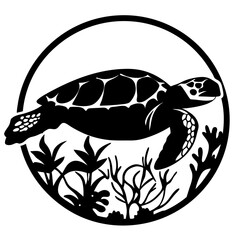 Elegant Black and White Silhouette of a Sea Turtle Swimming in a Circle Frame with Aquatic Plants