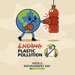 World environment day 2025 design idea with cartoon earth boxing plastic bottle,. Best for World Environment Day 2025 celebration for ending plastic pollution.