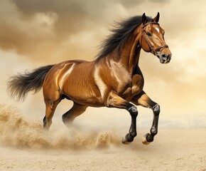 Fototapeta premium Majestic Horse in Dynamic Motion: Capturing the raw power and elegance, a magnificent horse gallops across the sandy terrain, mane and tail flowing in the wind.