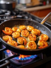 Delicious Shrimp Cooking in Pan Over Flame on a Modern Kitchen Stove