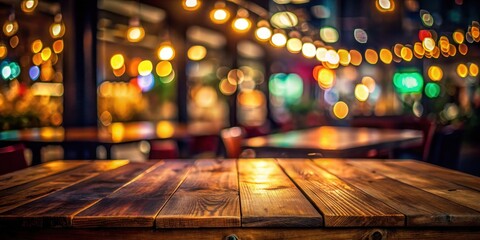 Darkly lit wooden table situated in front of abstract blurred restaurant lights with vibrant colors and subtle shadows , dining