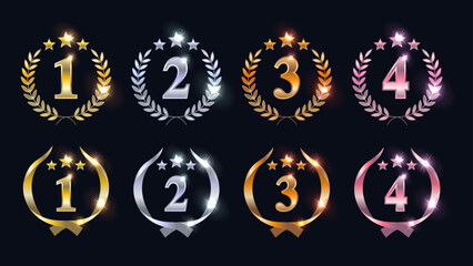 Gold Silver Bronze Rose Gold Ranking Medals – First, Second, Third, Fourth Place Laurel and Ribbon Award Vector Set