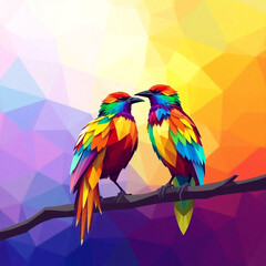 Two colorful geometric birds against a vibrant background