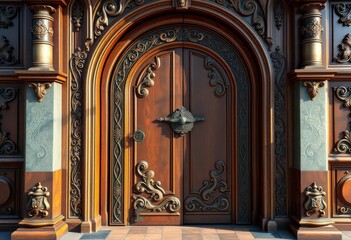 Fototapeta premium Ornate wooden door, intricate lock & key, fantasy style, key, wood texture