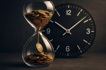 Hourglass filled with coins next to a clock, symbolizing time and money.