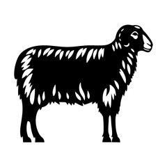 A Black and White Silhouette of a Sheep Standing Profile View Farm Animal Wool Fleece Lamb Livestock Agriculture