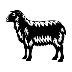 Black and White Illustration of a Fluffy Sheep Standing Sideways