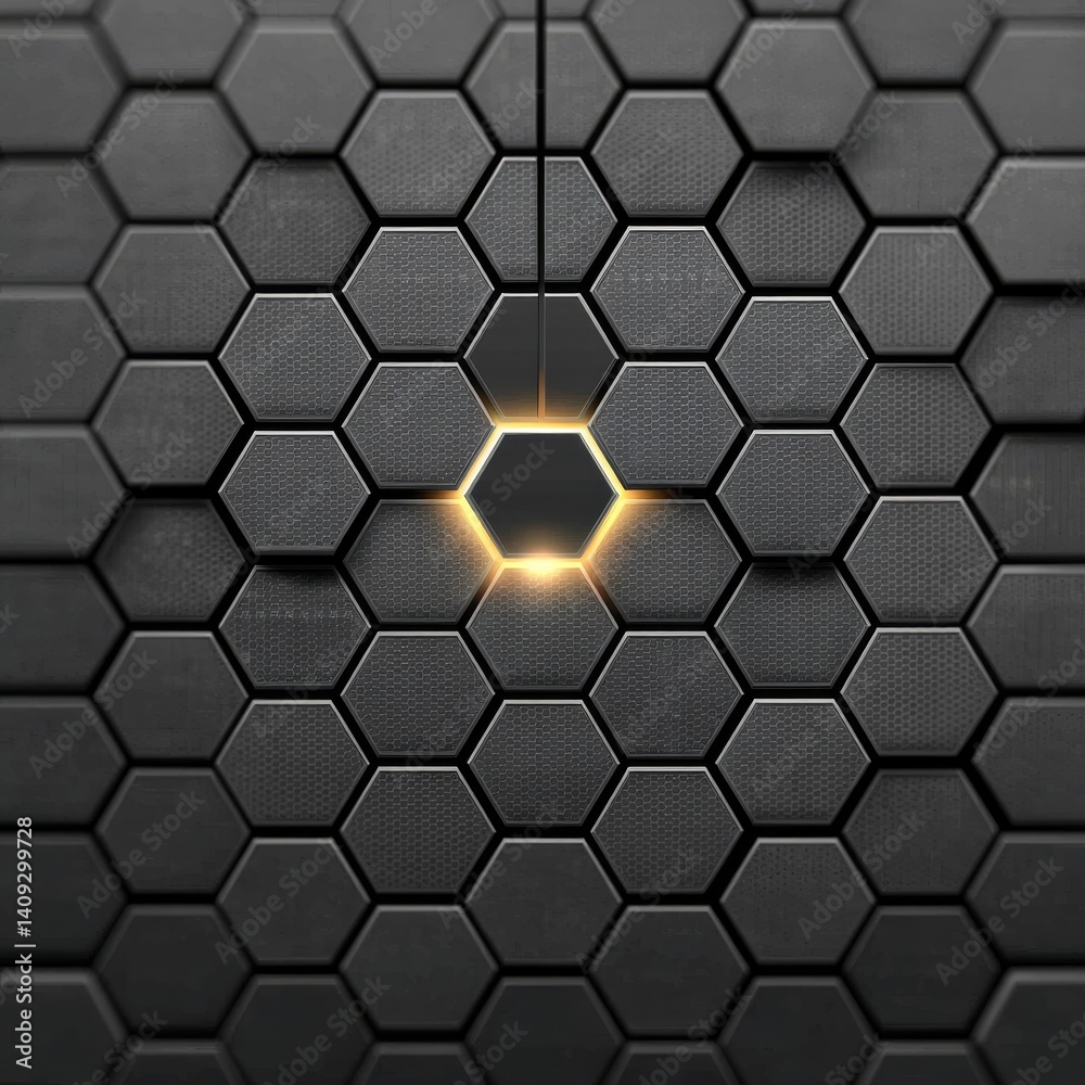 Leinwandbilder Hexagonal Radiance: An Abstract Gray Tiled Pattern with Glimmering Central Focus and Subtle Textures