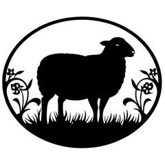 Silhouette of a Sheep in a Circular Frame with Floral Decorations a Black and White Illustration