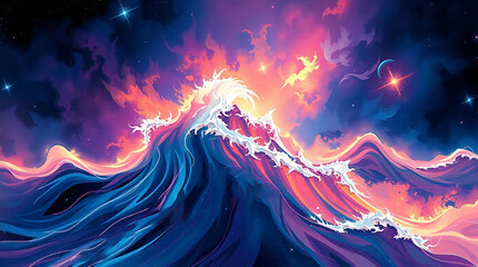 Vibrant cosmic digital art with ascending sea waves, bold brushstrokes, and celestial colors