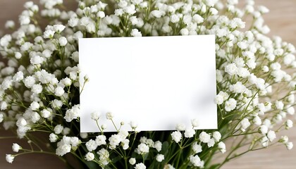 Blank white card mockup surrounded by baby's breath flowers. Perfect for wedding invitations, thank you notes, or other special occasions.
