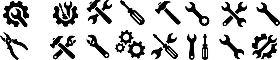 Tools and Service icons set. Wrench, screwdriver and gear icon. Screwdriver and wrench glyph icon. Settings and repair, service sign - stock.	