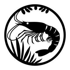 Naklejka premium Elegant Black and White Shrimp Illustration in a Circular Frame with Tropical Leaves