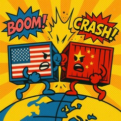Cartoon-style clash between American and Chinese shipping containers.