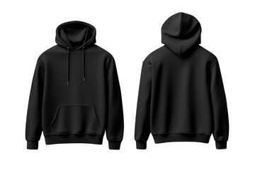Black hoodie mockup showing front and back view on transparent background
