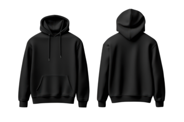 Black hoodie mockup showing front and back view on transparent background