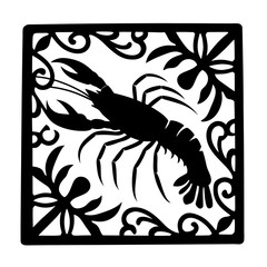 Elegant Black and White Crayfish Illustration with Ornate Frame