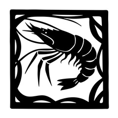 A Striking Black and White Illustration of a Shrimp in an Ornate Frame
