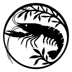 Elegant Black and White Silhouette of a Shrimp or Prawn in a Circular Frame with Aquatic Plant Life