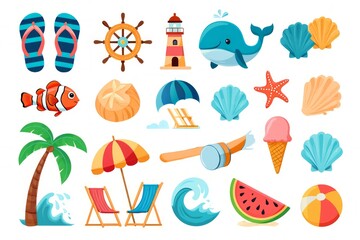 Fototapeta premium Cartoon beach-themed stickers on a white background.
