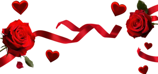 Valentine's Day banner design elements isolated on white background. Red silk ribbon- Red Rose Flower and Pairs of Red Hearts- with natural transparent shadow on transparent background- clipping path