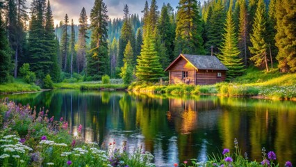 Fototapeta premium Serene forest surroundings with a rustic remote fishing lodge nestled among tall trees and surrounded by lush greenery and vibrant wildflowers , serene landscape, seclusion