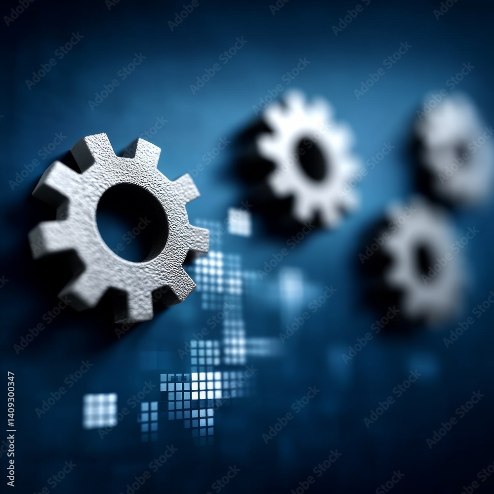 Aufkleber precision mechanics: silver gears aligning with digital efficiency on blue background