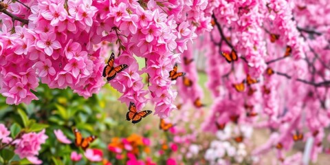 Pink sakura blossoms cascade over vibrant butterflies, creating a magical garden scene, wallpaper, Asian