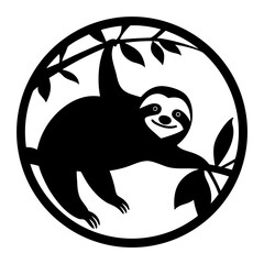 Adorable Sloth Hanging on a Branch in a Circular Frame Black and White Illustration © Tanjila
